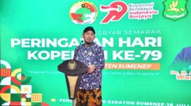 Bupati Sumenep Achmad Fauzi Wongsojudo, saat memberikan sambutan pada acara Tasyakuran Peringatan Hari Koperasi Nasional (Harkopnas) ke-79 di Pendopo Agung Keraton Sumenep