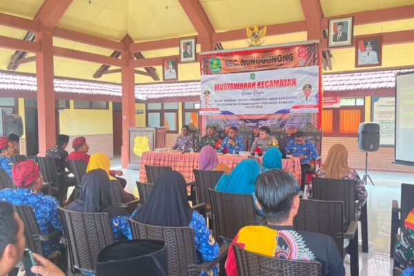 Foto: Camat Nonggunung, Bambang Risdiyanto (tengah) Pimpin Langsung Musyawarah Kecamatan dalam rangka serap aspirasi terkait perubahan nama Kabupaten @Suaradara.com